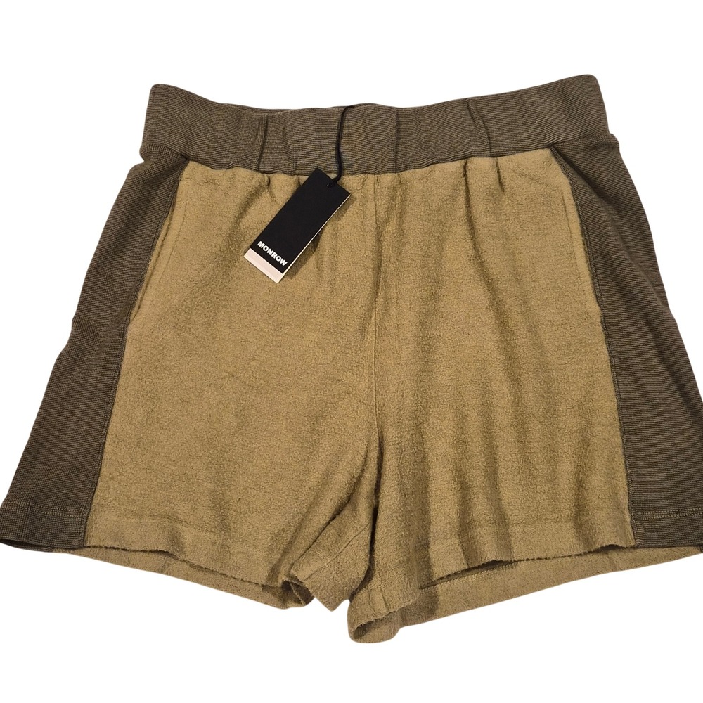 Monrow NWT Fuzzy Fleece Contrast Panel Shorts Olive Green Size M HB0601